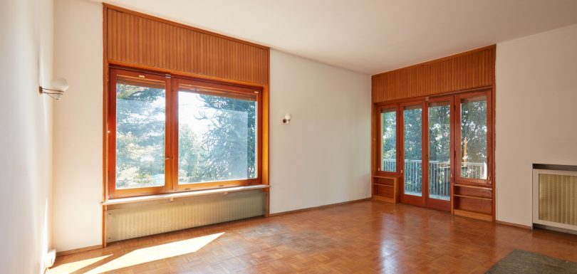 Old room, living room interior in old house with garden