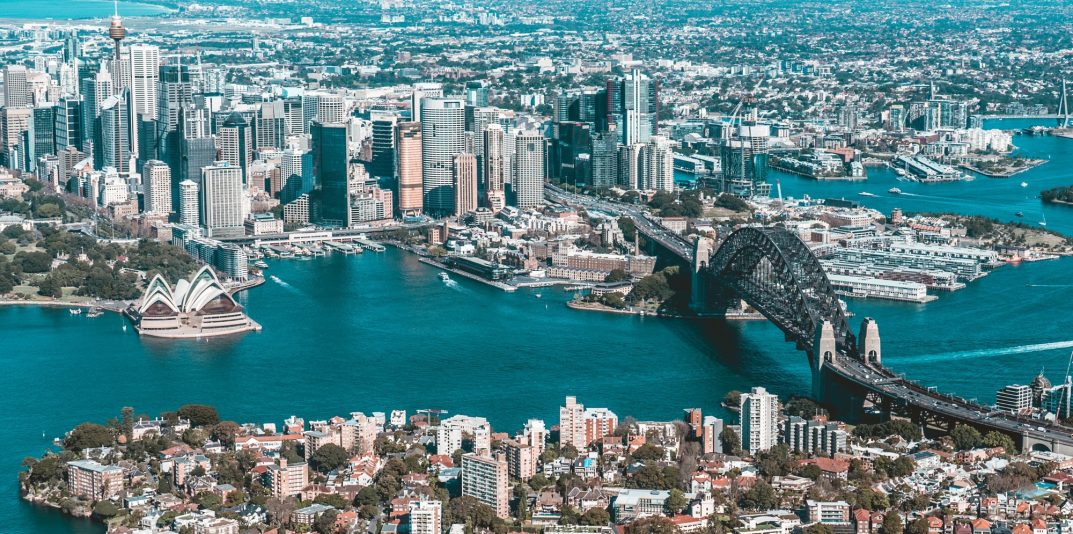 Top view of Sydney Australia, opera house, Sydney harbour bridge, city of Sydney